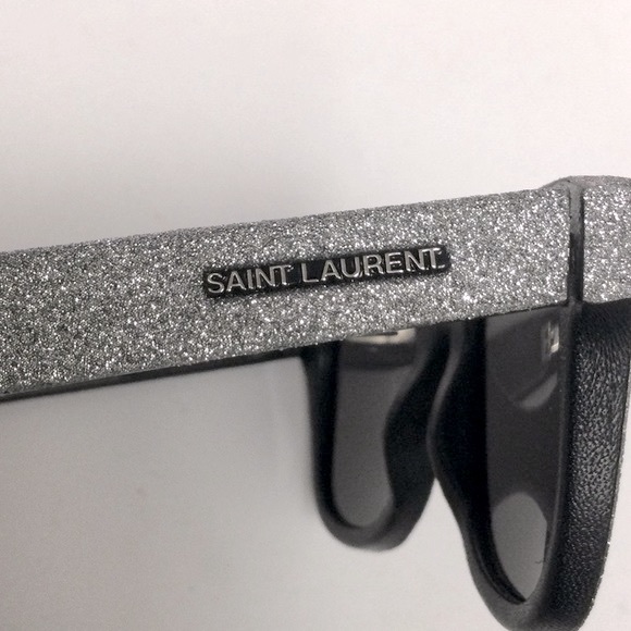 SAINT LAURENT YSL SILVER GLITTER BLACK LEATHER SUNGLASSES SL51 051 NWOT - Picture 7 of 14